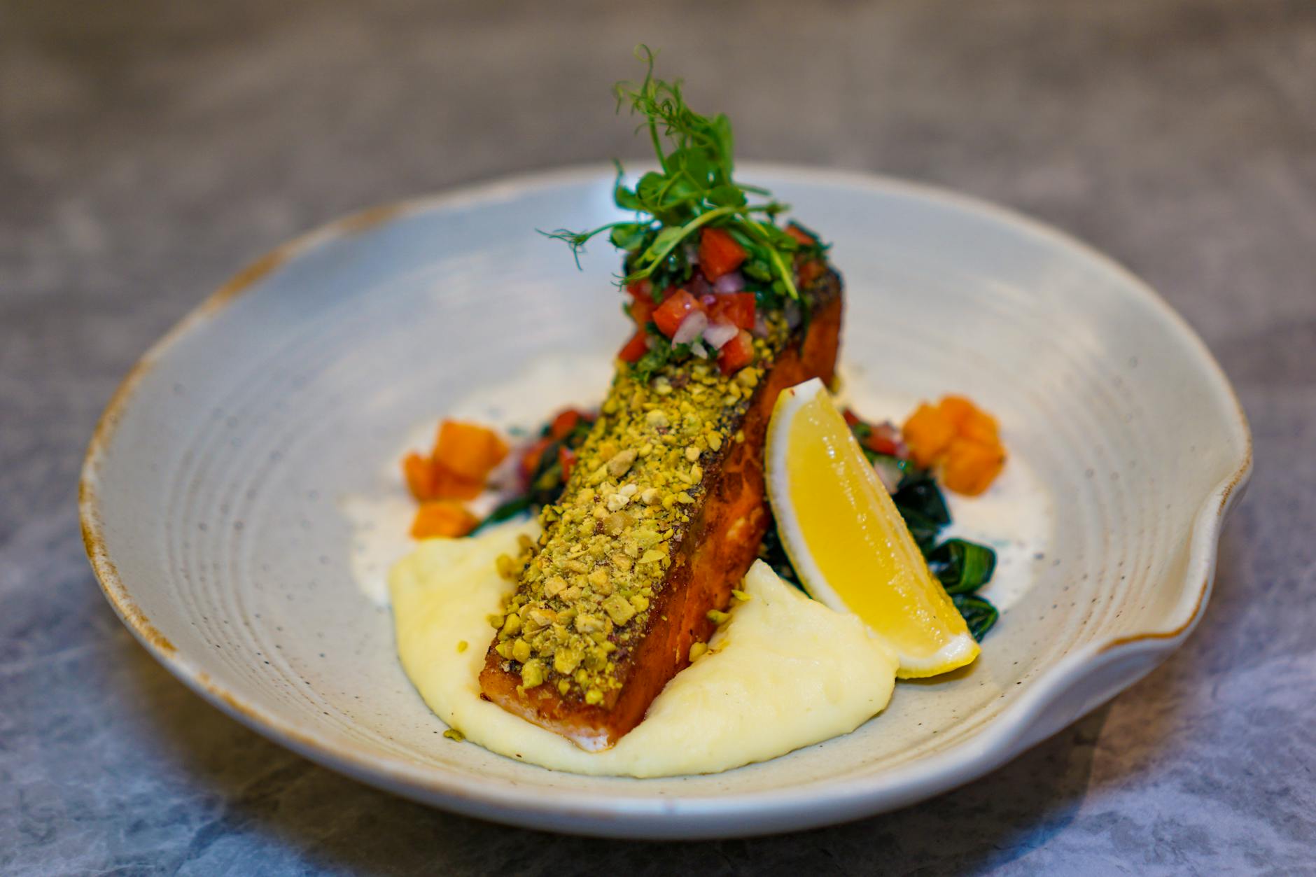 Fiber-Rich Lemon Herb Salmon with Lentil Spinach Mash